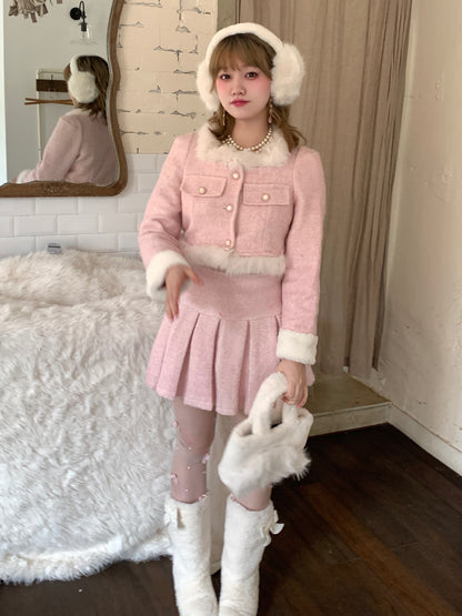 Picnic Girl Regal Peach Pink Fur Collar Coat Jacket Skirt Two Piece Set