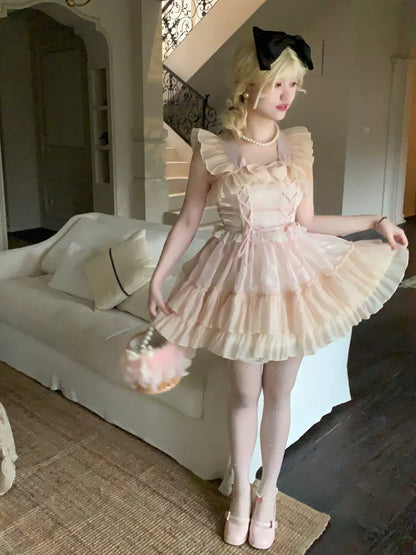 Picnic Girl Sweet Pink Peach Fairy Strap Dress