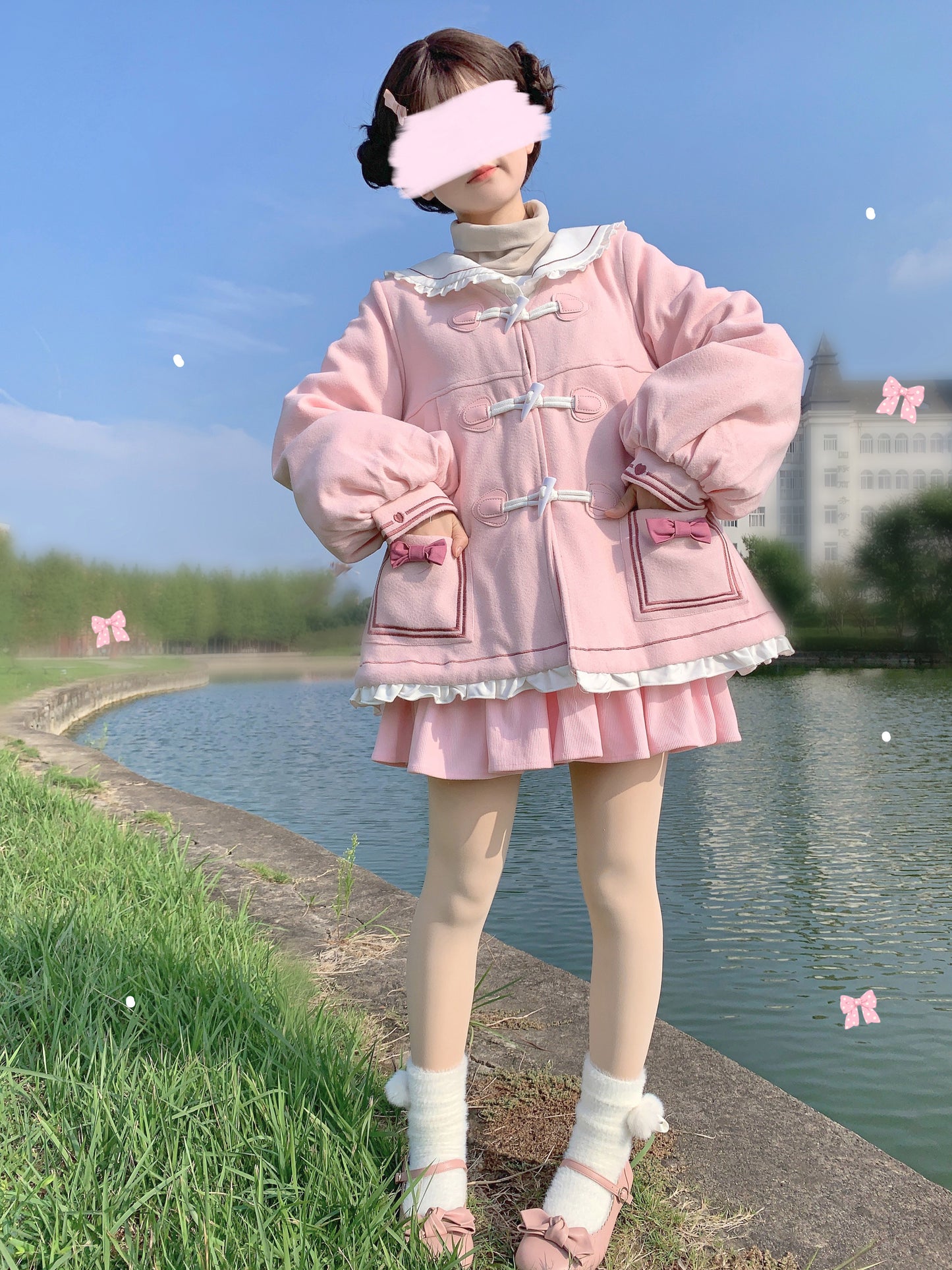 Lace Sailor Collar Lolita Black & Pink Winter Big Bow Woolen Coat Jacket