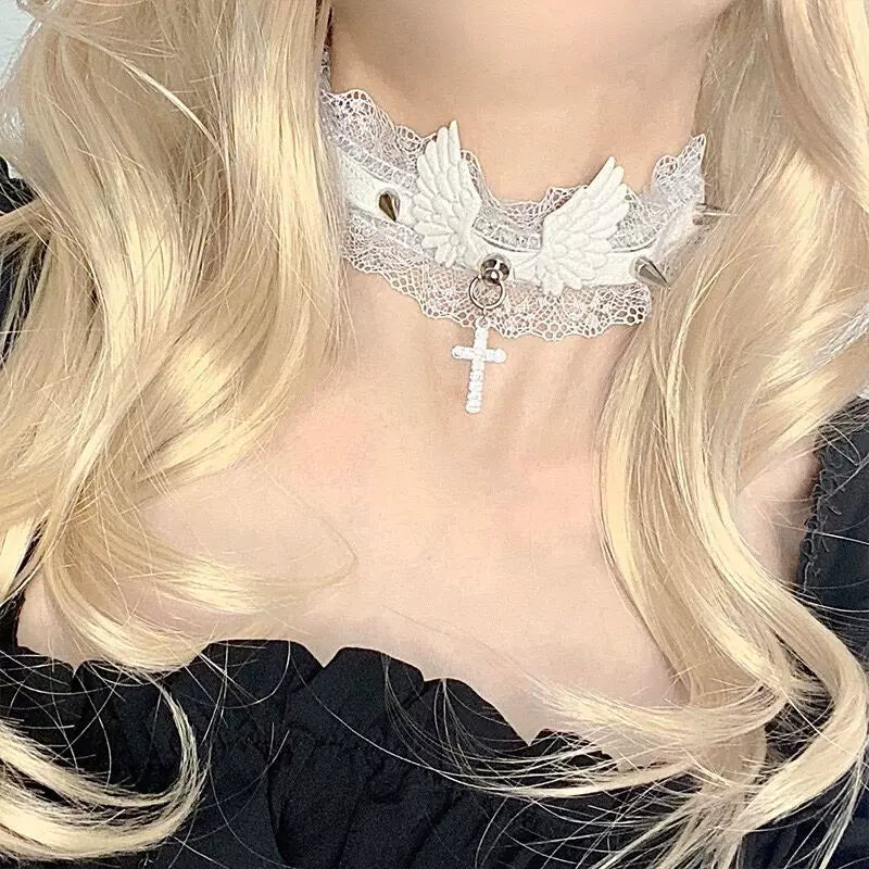 White Black Wings Coquette Cross Lace Choker Necklace