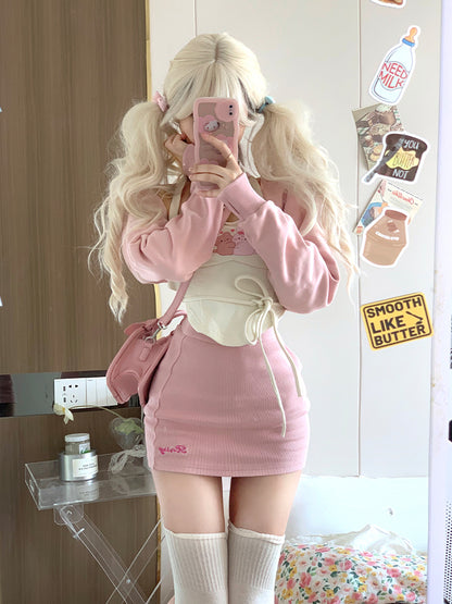 Serendipity Sweet Cream Rabbit Bear Camisole & Little Pink Jacket & Pink Mini Skirt Three Piece Set