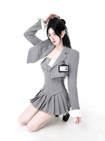 Kiki Academia Silver Gray Blazer Tube Top Skirt Three Piece Set