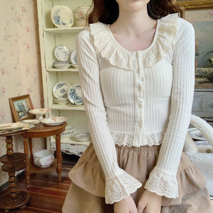 Coquette Vintage Cottagecore Frill Ruffled Lace Collar Cream Pink Top Shirt