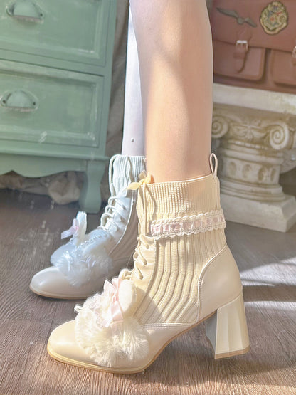 Pinky Rabbit Ears Plush Pearl Knit Coquette Winter Heels Boots Shoes & Lace Balletcore Leg Warmers