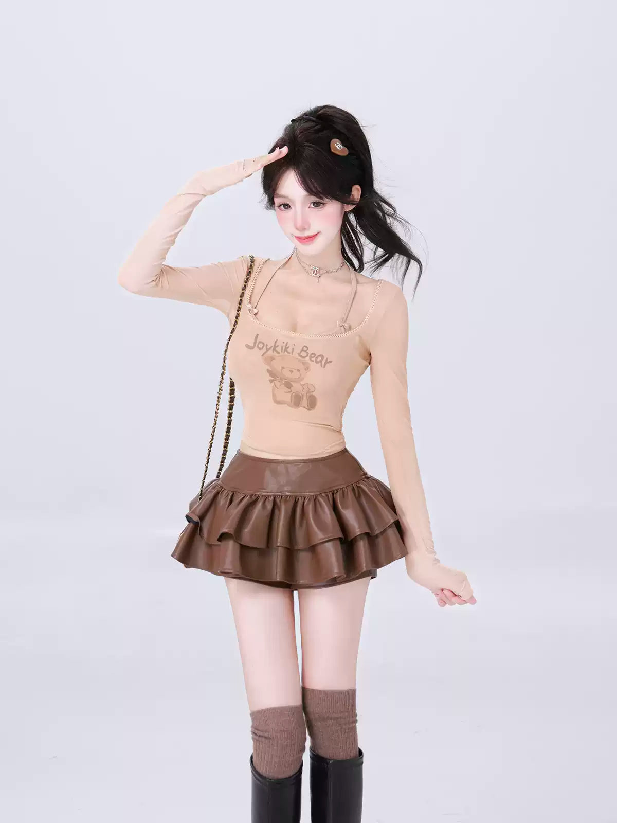 Kiki Chocolate Girl Black Brown Leather Jacket & Skirt Two Piece Set