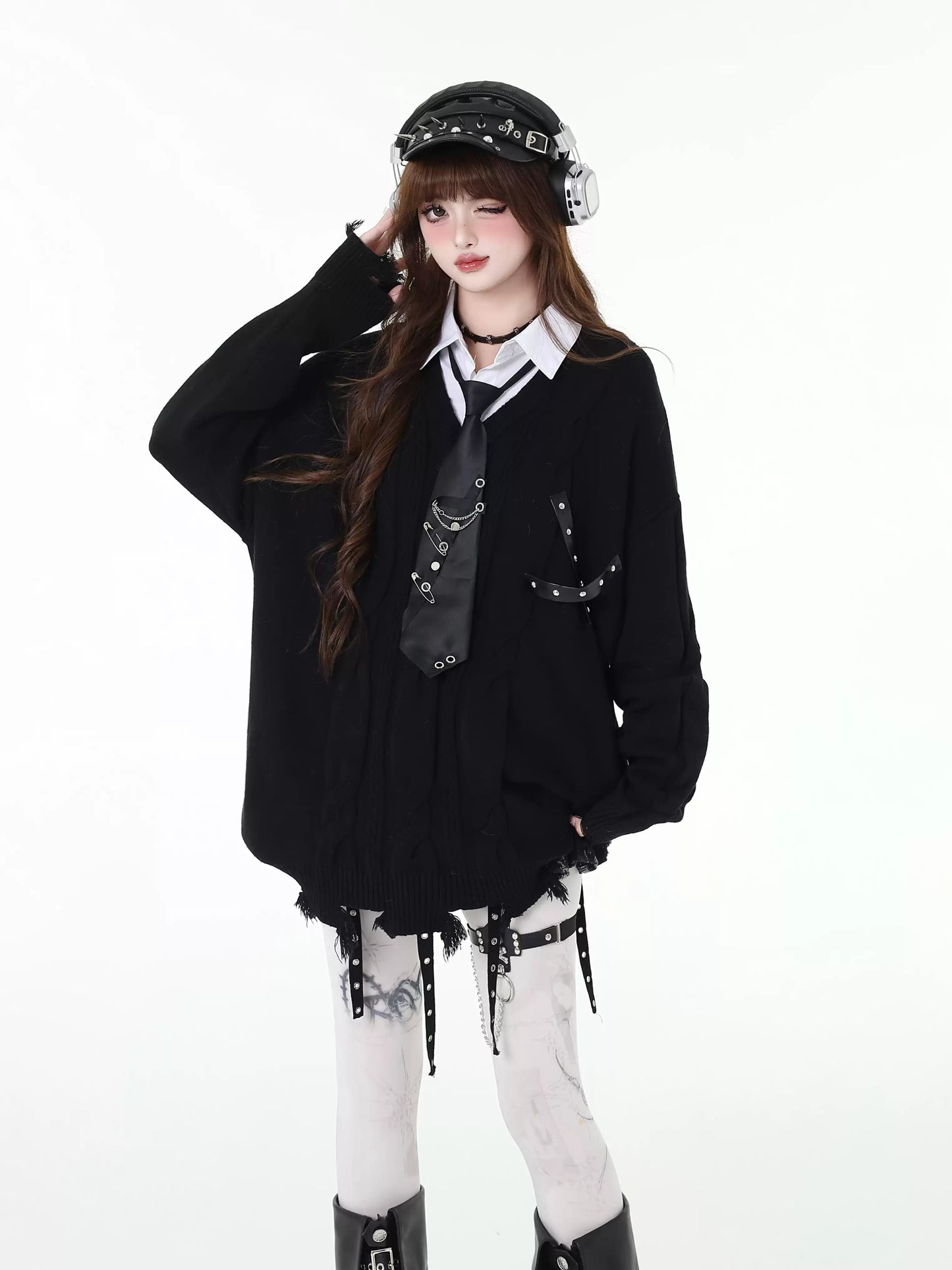 Crazy Girl New Student Report Black Gray Knit Sweater