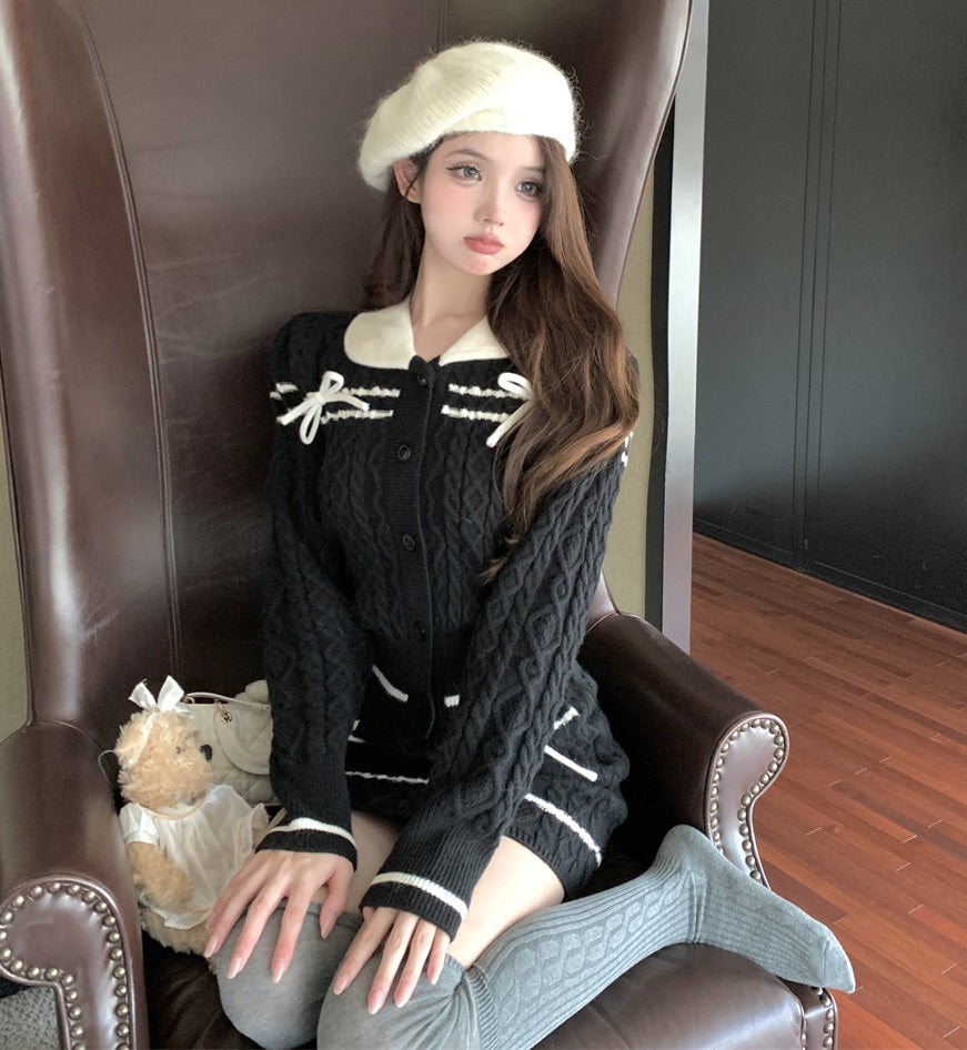 Coquette Autumn Bow Doll Collar Sweater & Black Knit Short Skirt Two Piece Set