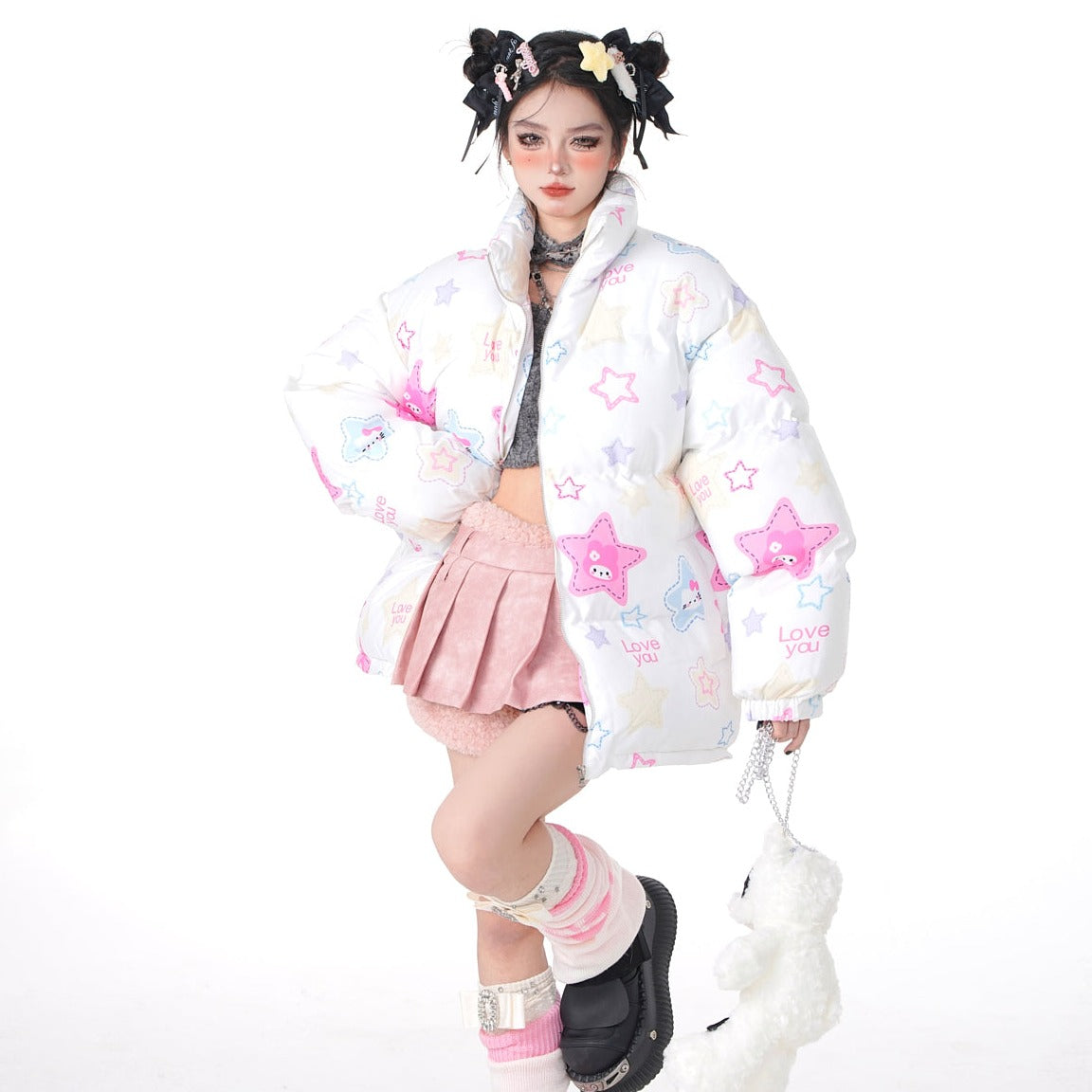 Young Eyes Winter Graffiti Kitty Melody White Puffer Jacket Coat