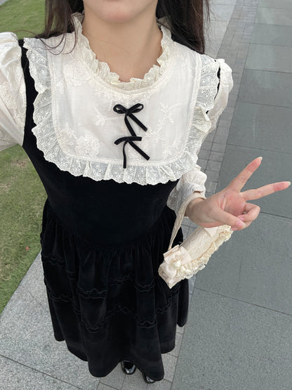 Ruellia Autumn Elegant Lady Lace Black Velvet Long Dress