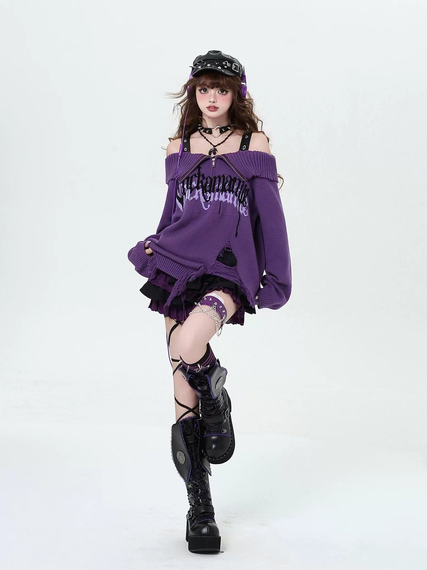 Crazy Girl Gothic Fragments Purple Black Off Shoulder Sweater