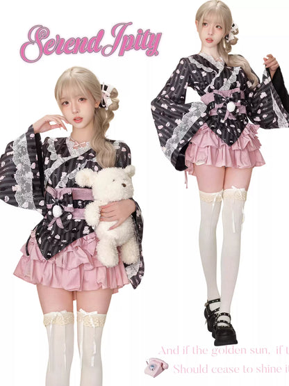 Serendipity Fireworks Song Kimono Black Top & Jacket & Pink Skirt Three Piece Set