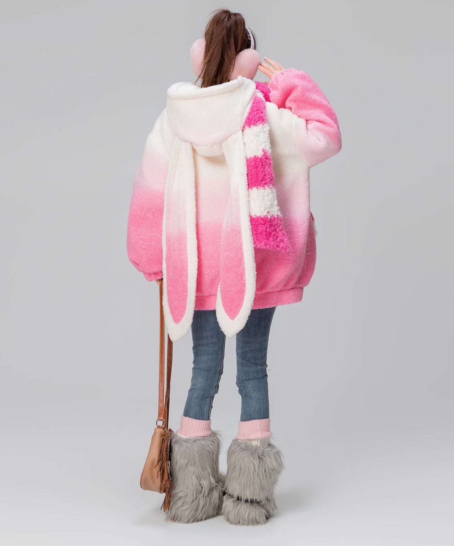 Lamb Gradient Pink White Hooded Jacket Winter Coat