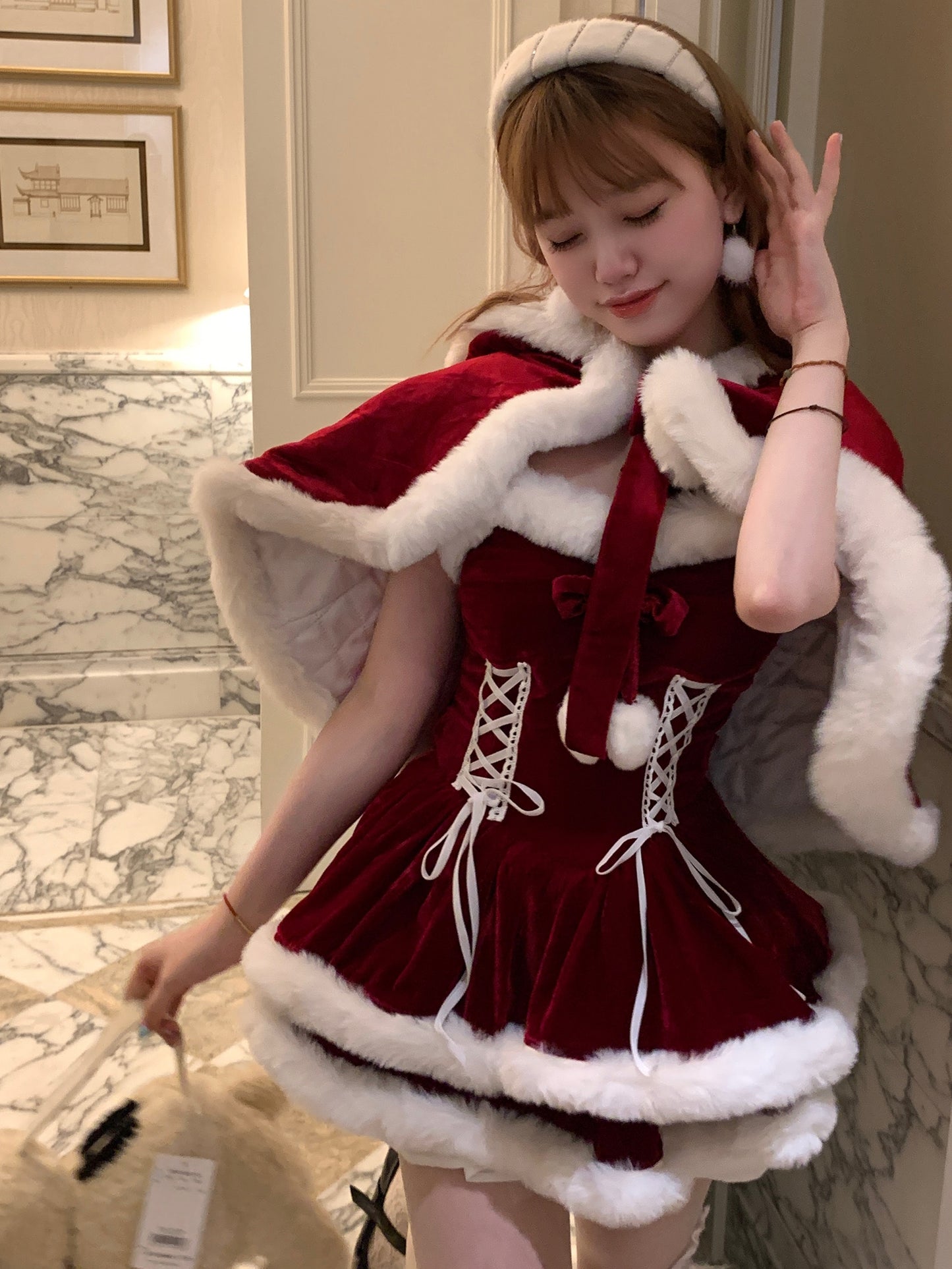 Picnic Girl Winter Christmas Holiday Sweet Lolita Pink Plush Ruffled Strap Dress & Cape Two Piece Set