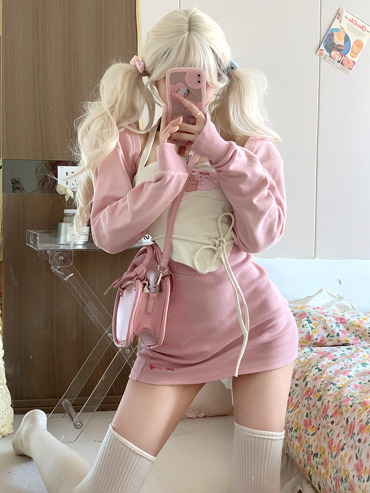 Serendipity Sweet Cream Rabbit Bear Camisole & Little Pink Jacket & Pink Mini Skirt Three Piece Set