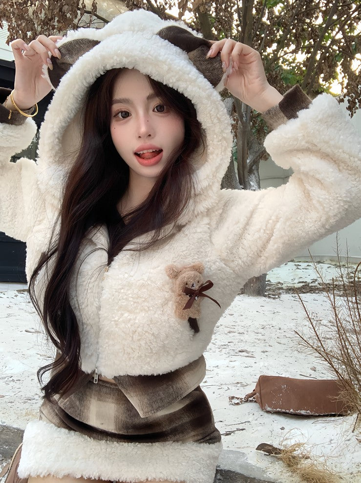 Plaid Beige White Brown Cute Fall Winter Bear Ears Hooded Jacket Skirt Two Piece Set