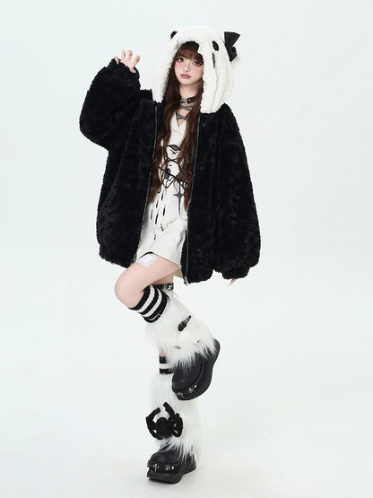 Crazy Girl Plush Party Cat Ears Black White Winter Jacket