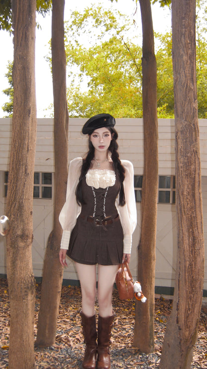 Vintage Ruffled Corset Autumn White Brown Long Sleeve Shirt & Pleated Mini Skirt Two Piece Set