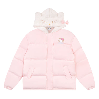 Pink Blue Cartoon Kitty Cat Plush Hooded Winter Thick Padded Puffer Jacket