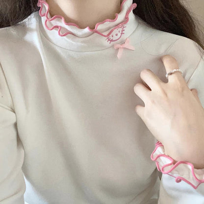 Soft Ruffled Collar Sleeve Pink White Black Kitty Cat Velvet Shirt Top