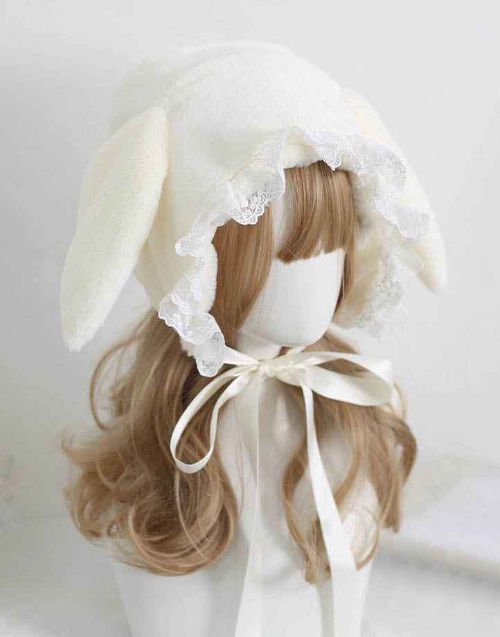 Sweet Rabbit Ear Pink & White Lace Lolita Handmade Fur Hats