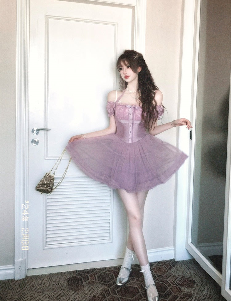 Lazy Girl Purple Mist Floral Print Puff Sleeve Short Dress