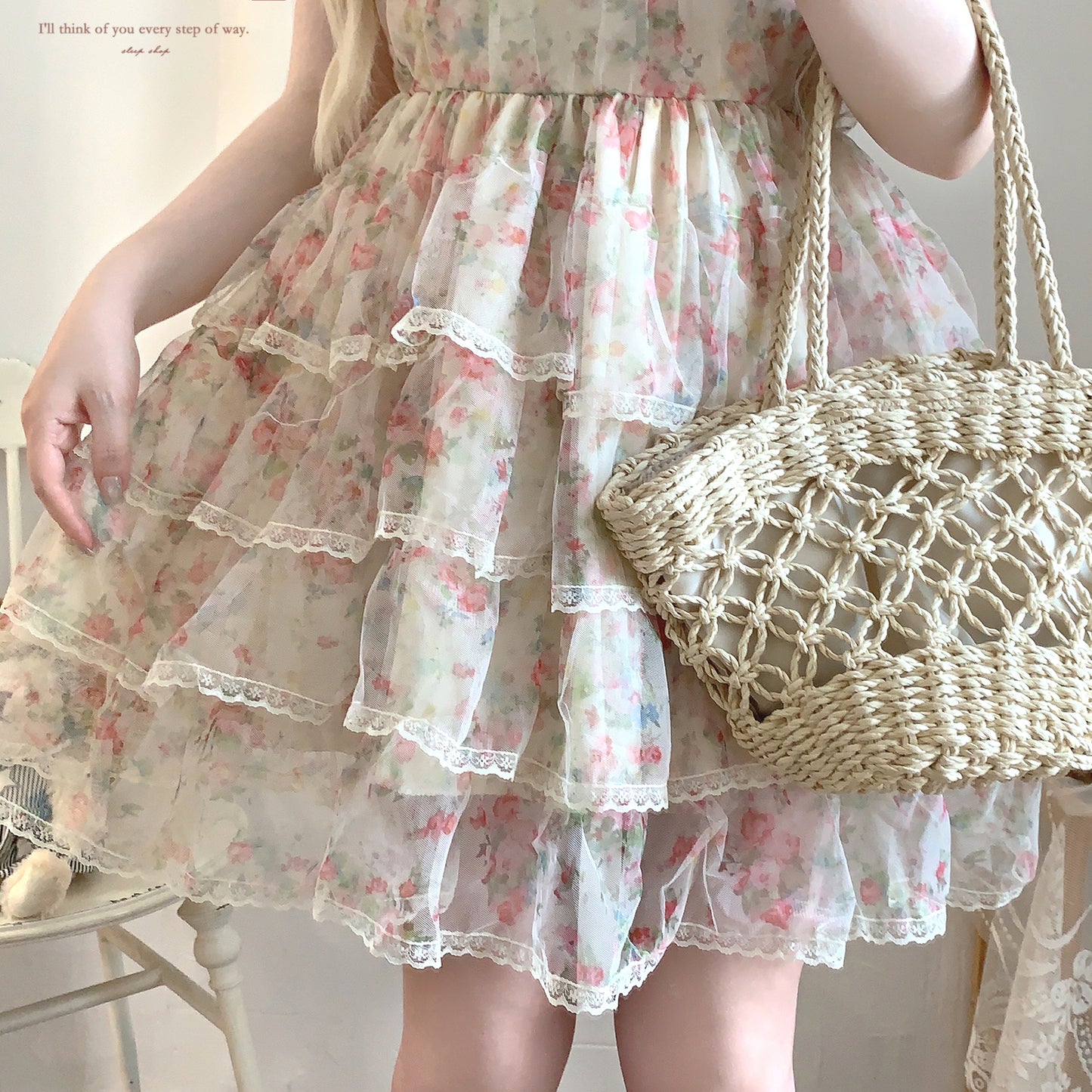 Dormir Doll Floral Rose Ruffled Pearl Strap Dress