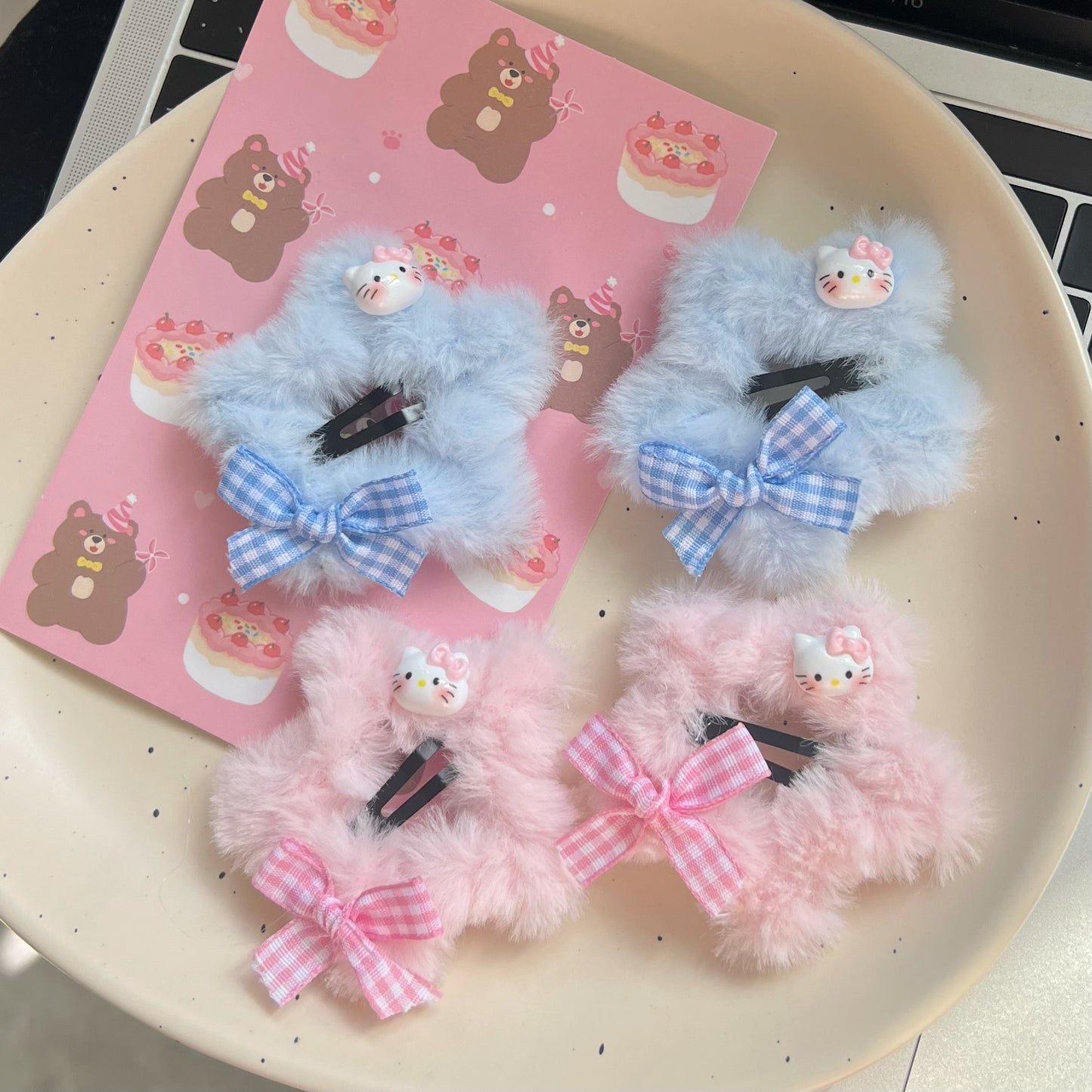 Y2K Star Plush Plaid Blue Pink Kitty Cat Hair Clip Hair Accessories