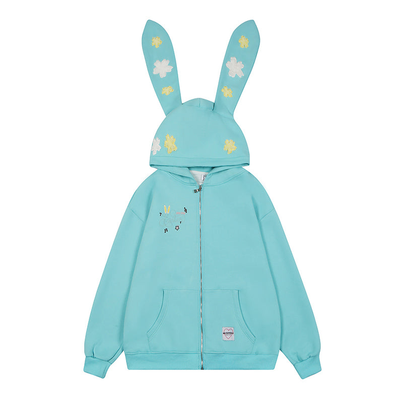 Serendipity Y2K Rabbit Ears Flower Embroidery Hooded Pink Blue Sweatshirt Jacket