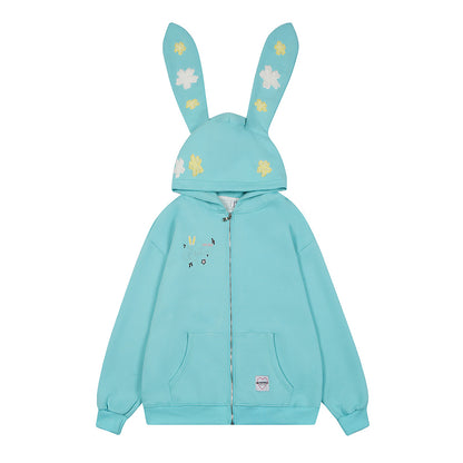 Serendipity Y2K Rabbit Ears Flower Embroidery Hooded Pink Blue Sweatshirt Jacket