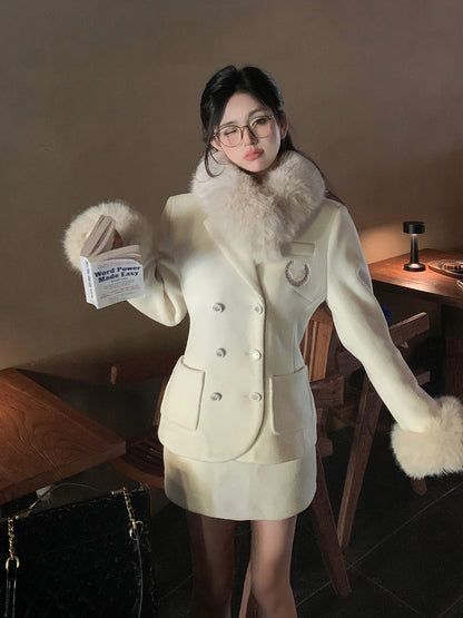 Monet Academia Chic Winter Milky White Fur Collar Woolen Jacket & Skirt Two Piece Set