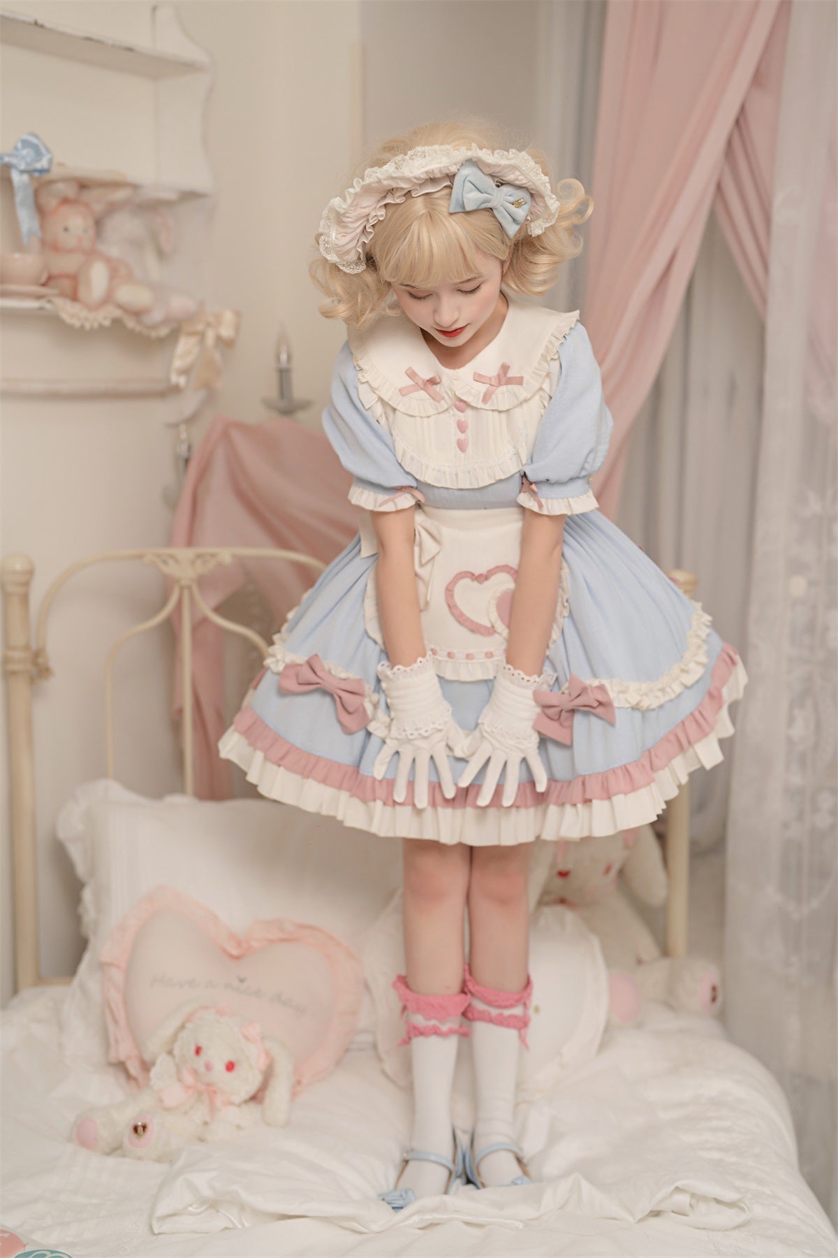 Lolita Pastel Blue Pink Maid Apron Puff Sleeve Princess Dress