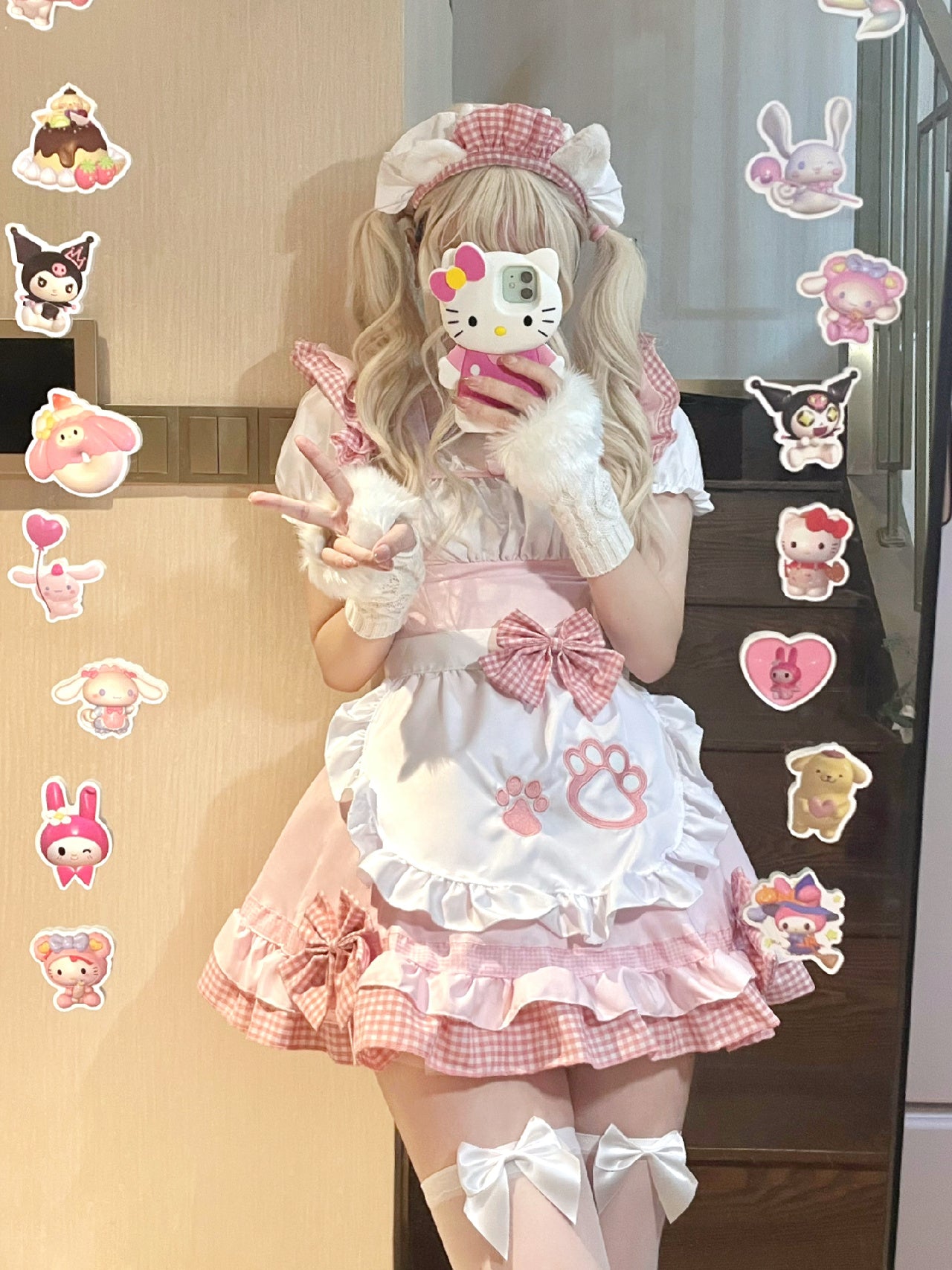 Serendipity Cat Paw Black Pink Bow Cosplay Maid Dress