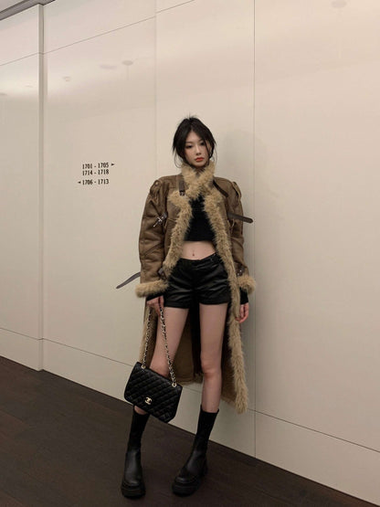 Brown Winter Velvet Faux Fur Collar Mid-length Long Woolen Coat