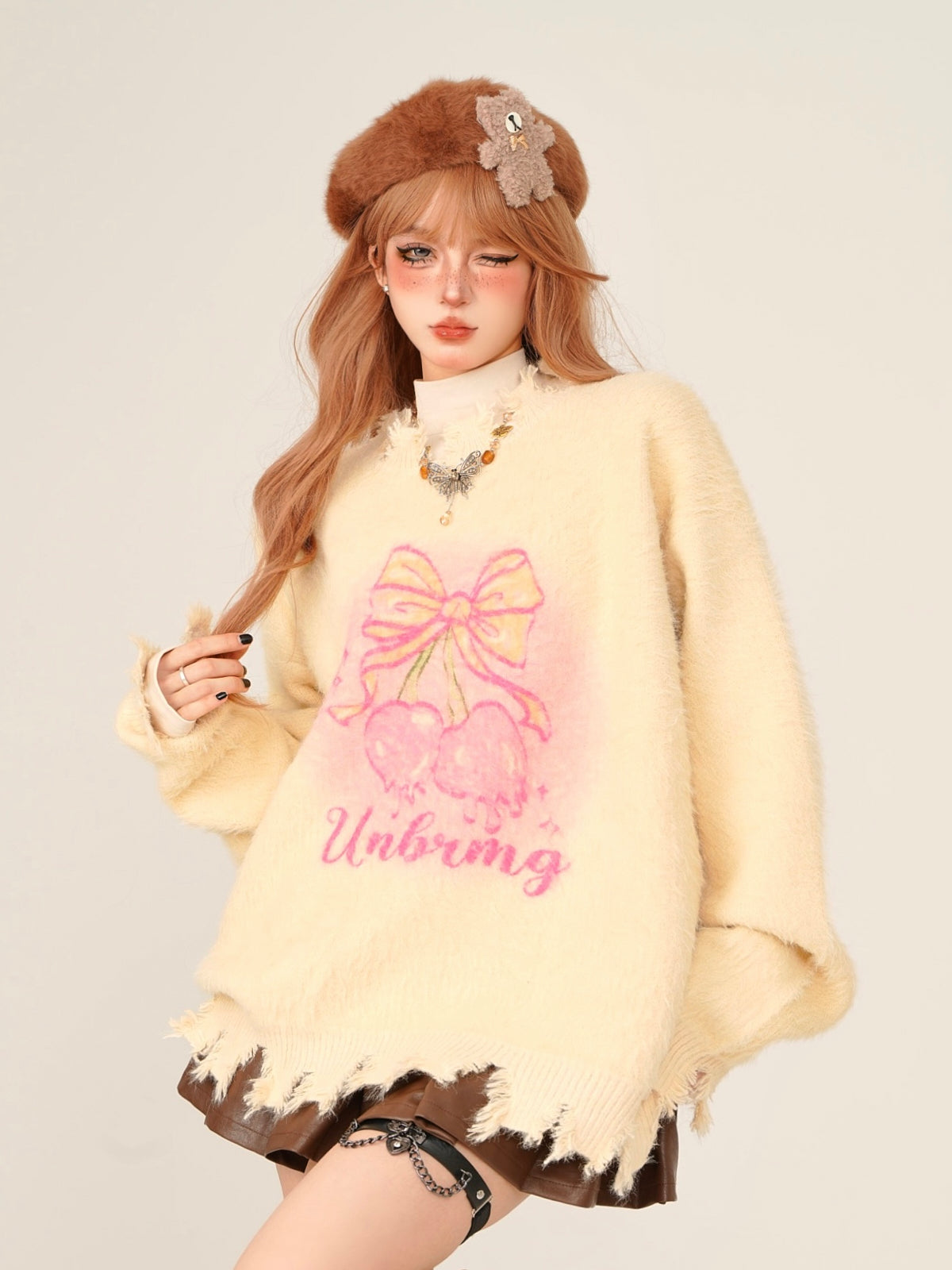 Young Eyes Autumn Winter Melting Cherry Fuzzy Yellow Sweater