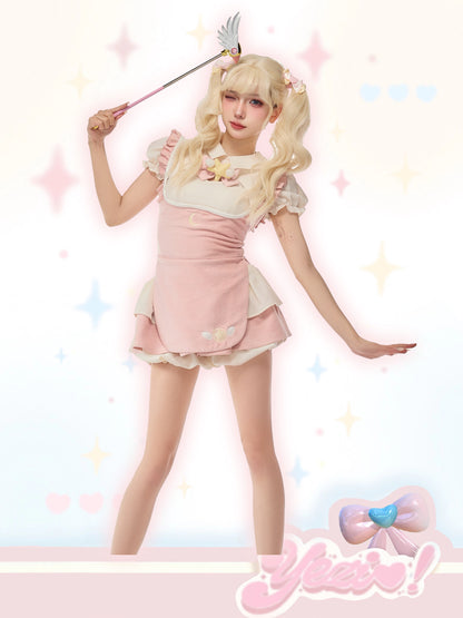 Serendipity Sweet Magical Girl Star Wings Beige Cream Shirt & Pink Apron & Ruffled Mini Skirt Three Piece Set