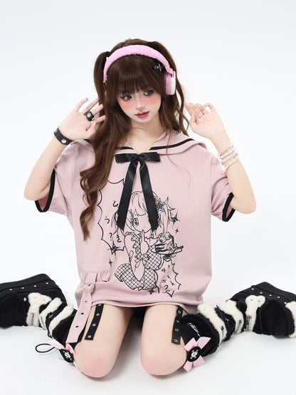 Crazy Girl Soft Girl Rule Sailor Collar Pink Black Sweatshirt