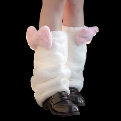 Cute Kitty Pink Bow Thick White Plush Warm Leg Warmers