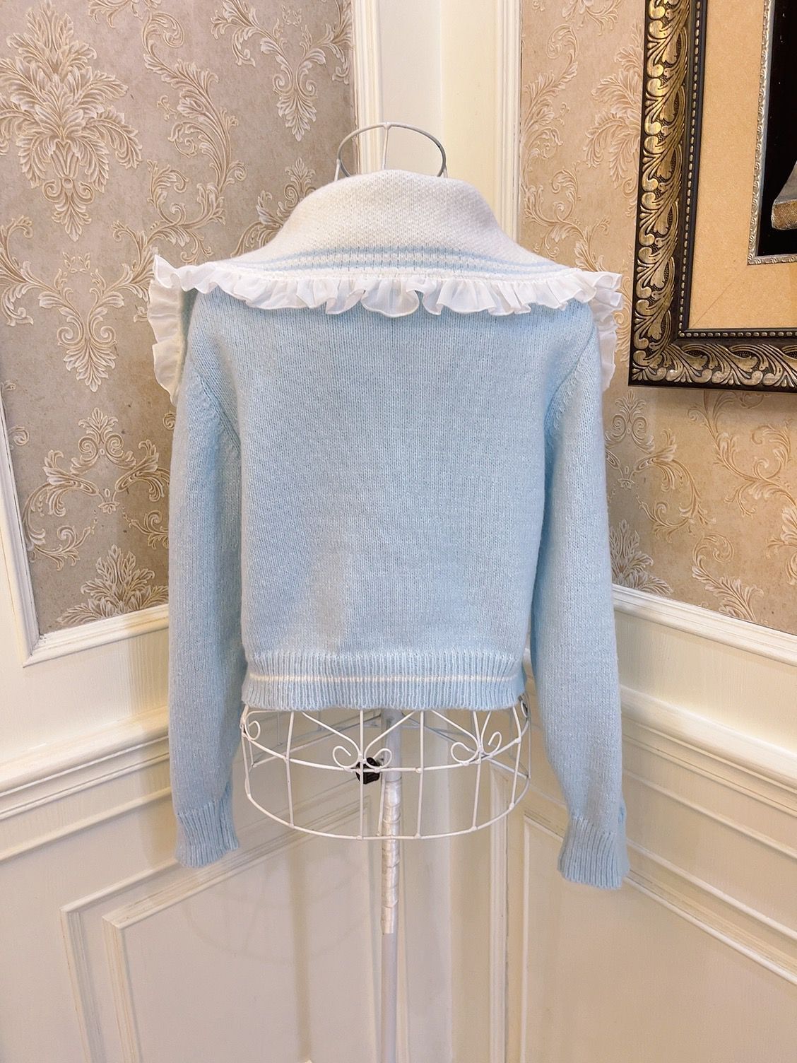 Sweetheart Princess Winter Cute Cinnamon Dog Blue Knit Sailor Collar Lace Sweater Cardigan