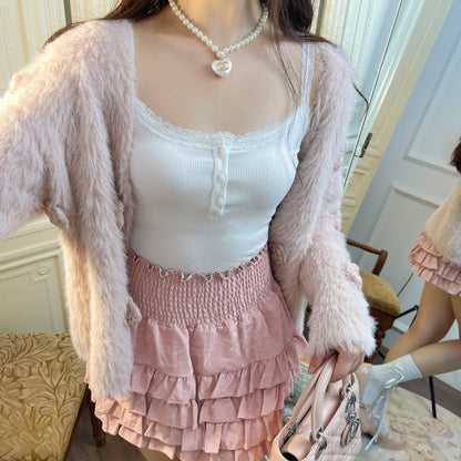 Ruellia Coquette White Camisole & Pink Ruffled Mini Skirt & Rose Faux Mink Fur Cardigan Three Piece Set