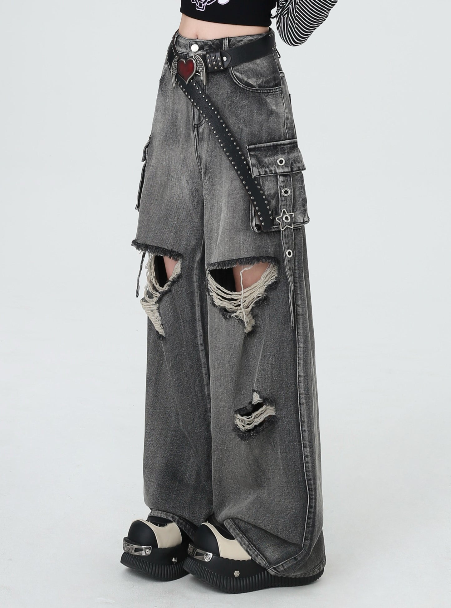 Crazy Girl Retro Gray Wide Leg Denim Ripped Jeans