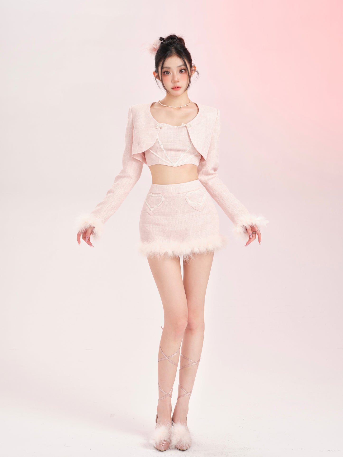 Lucia Lady Pearl Soft Pastel Pink Tube Top & Mini Skirt & Jacket Three Piece Set