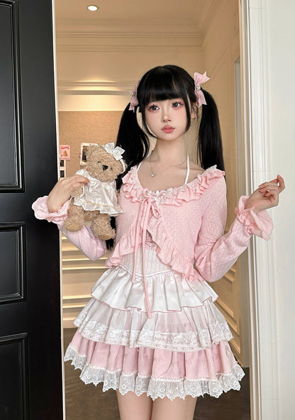 Serendipity Coquette Love Song Cat Camisole & Pink Cardigan & Ruffled Skirt Three Piece Set