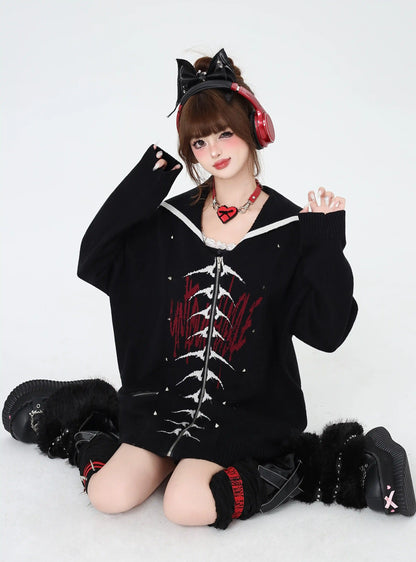 Crazy Girl Fantasy Skeleton Sailor Collar Gray Black Jacket Cardigan