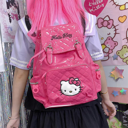 Y2K Kitty PU Leather Hot Pink White Student Backpack Bag