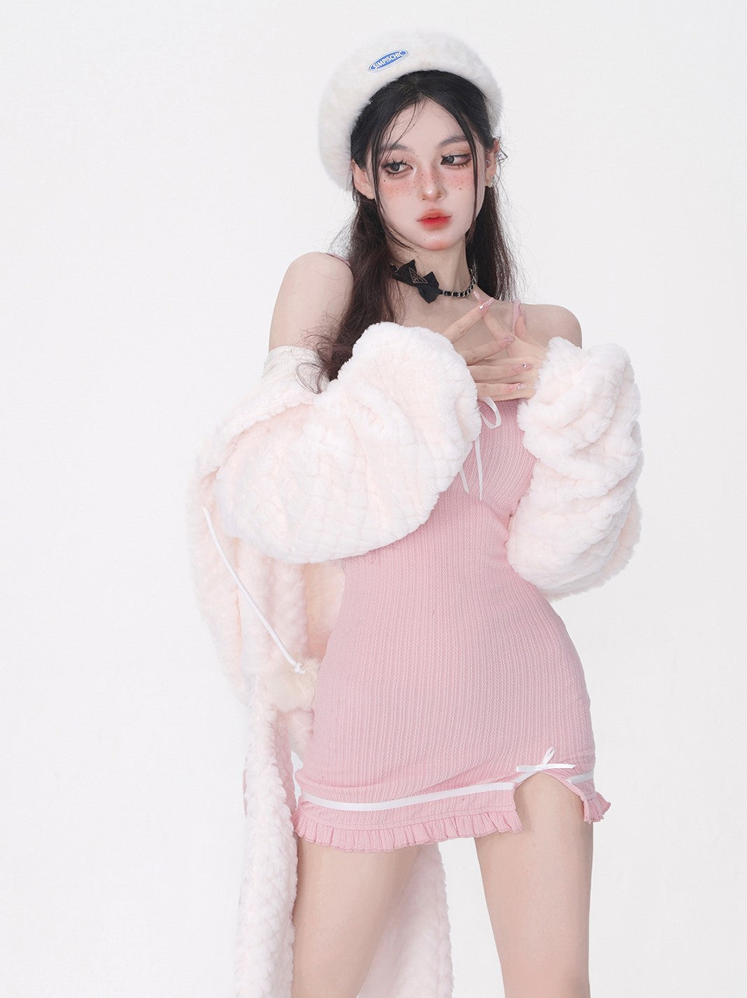 Young Eyes Winter White Plush Rabbit Ears Jacket & Pink Strap Dress Two Piece Set