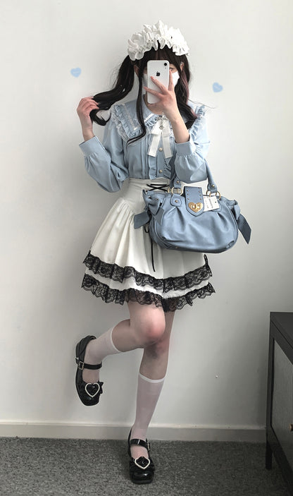 Kitten Bullet Jirai Kei Praying Girl Lace Doll Collar Black White Blue Pink Shirt Blouse