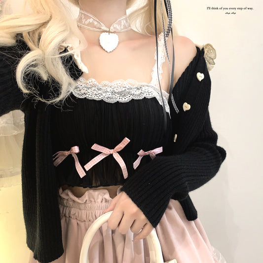 Dormir Doll Homemade Bow Coquette Black Mesh Camisole Top