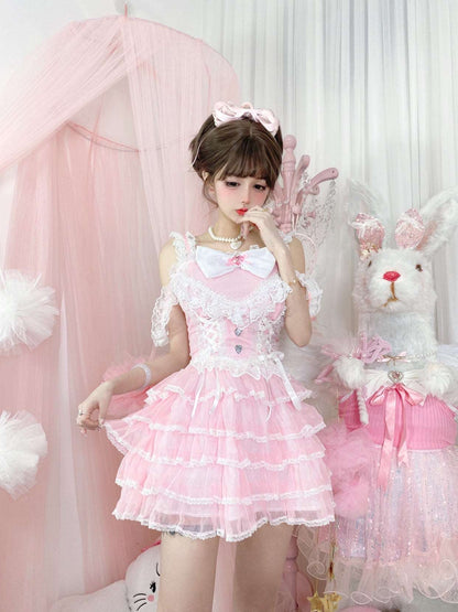 Candy Fairy Supreme Pink Princess Cake Ruffled Layered Lace Strap Dress