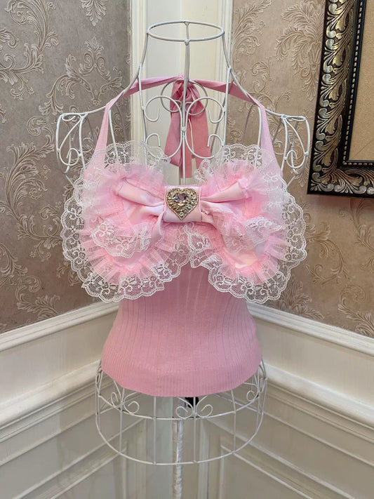 Sweetheart Princess Big Bow Pink Lace Camisole Top