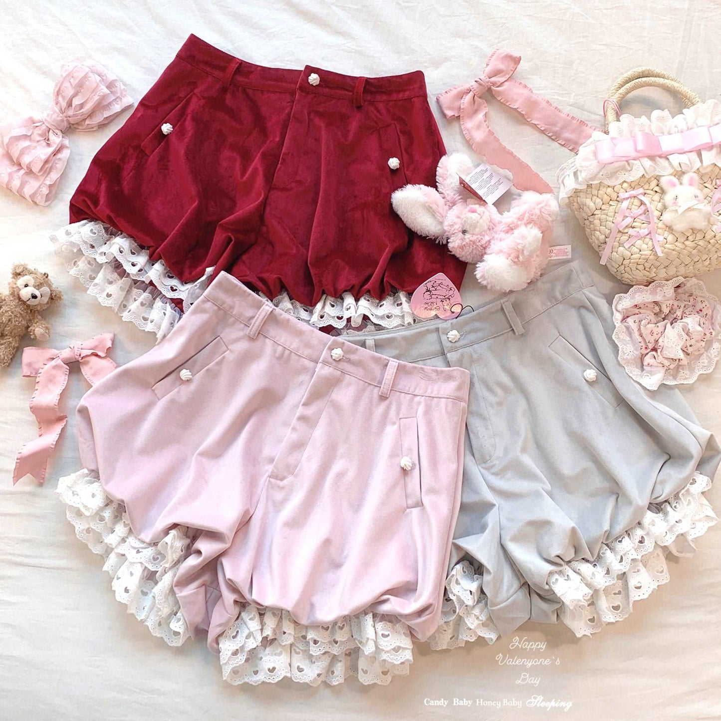 Dormir Doll Lolita Winter Velvet Cute Red Pink Gray Lace Shorts